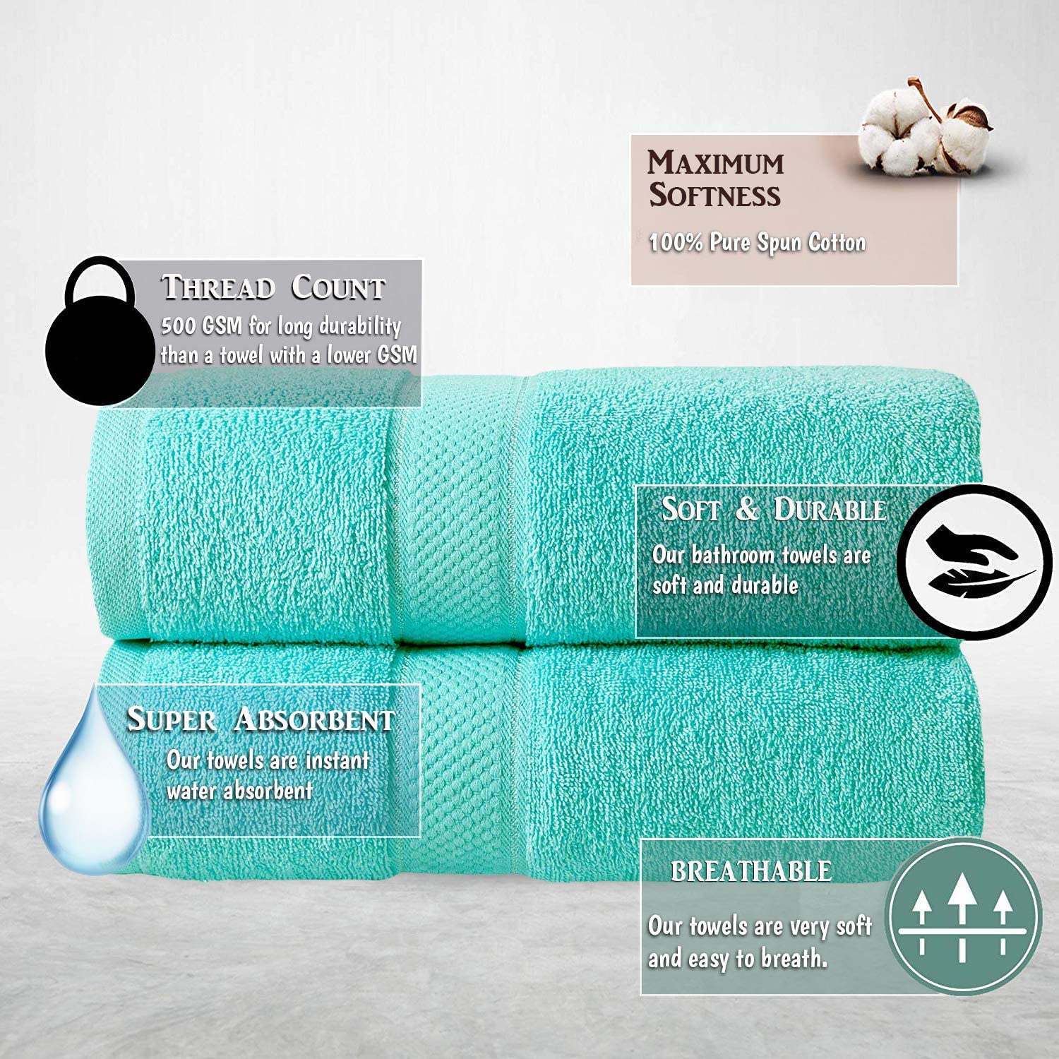 2 Pcs 100 % Cotton Premium Bath Sheet Towel Bale Set Turquoise Plain