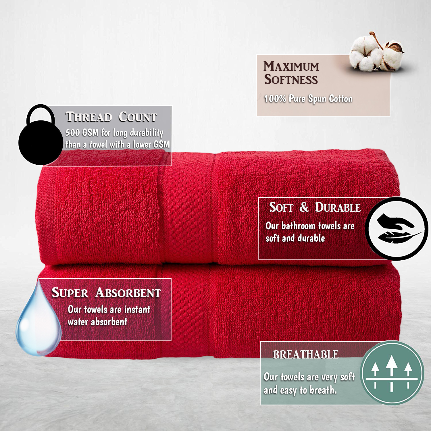2 Pcs 100 % Cotton Premium Bath Sheet Towel Bale Set Red Plain