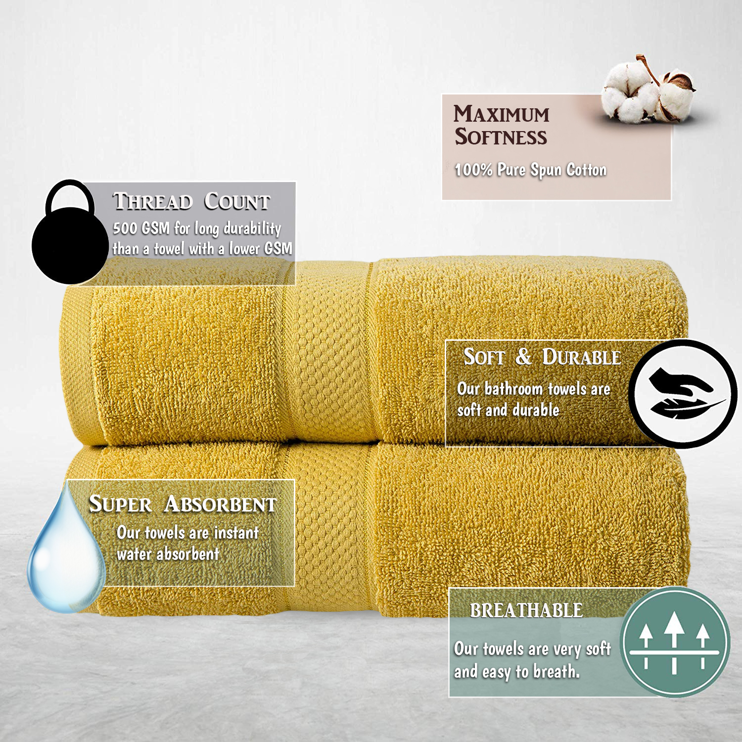 2 Pcs 100 % Cotton Premium Bath Sheet Towel Bale Set Mustard Plain