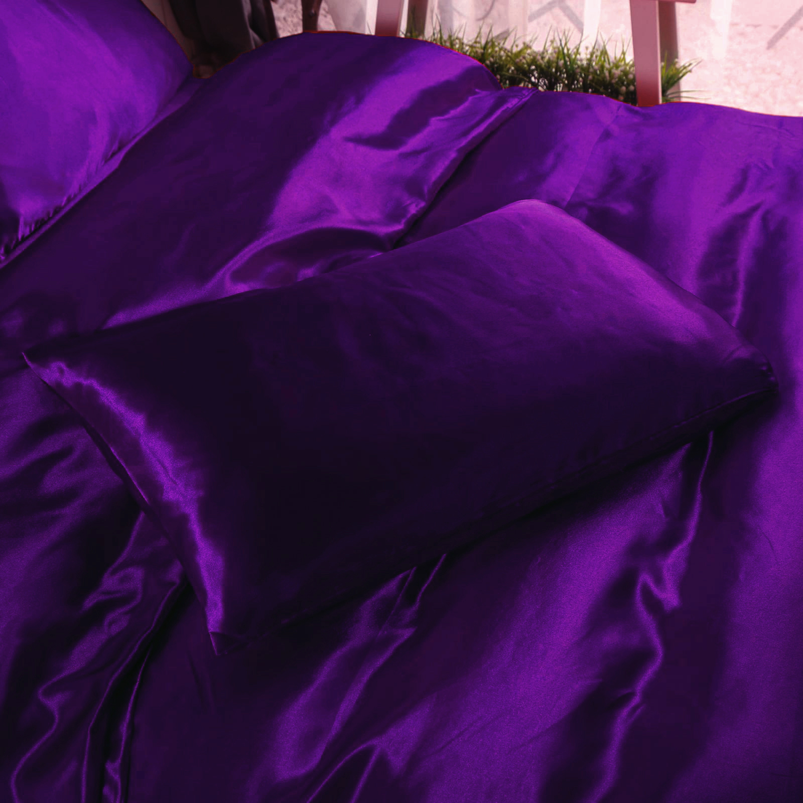 Purple 4pc Satin Panel Single Bed Duvet Quilt Cover Set