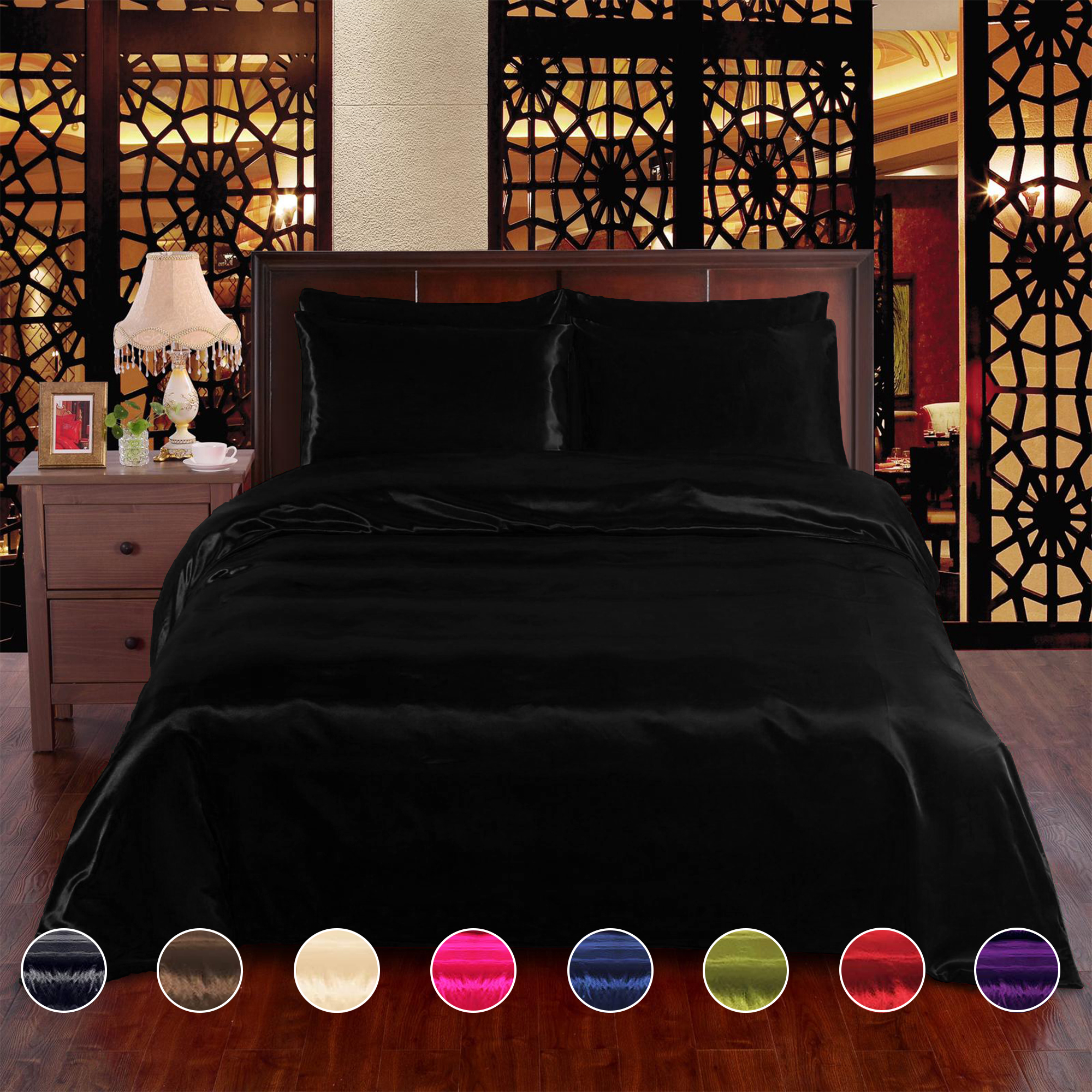 Black 6pc Satin Panel Double Bed Duvet Quilt Cover Set