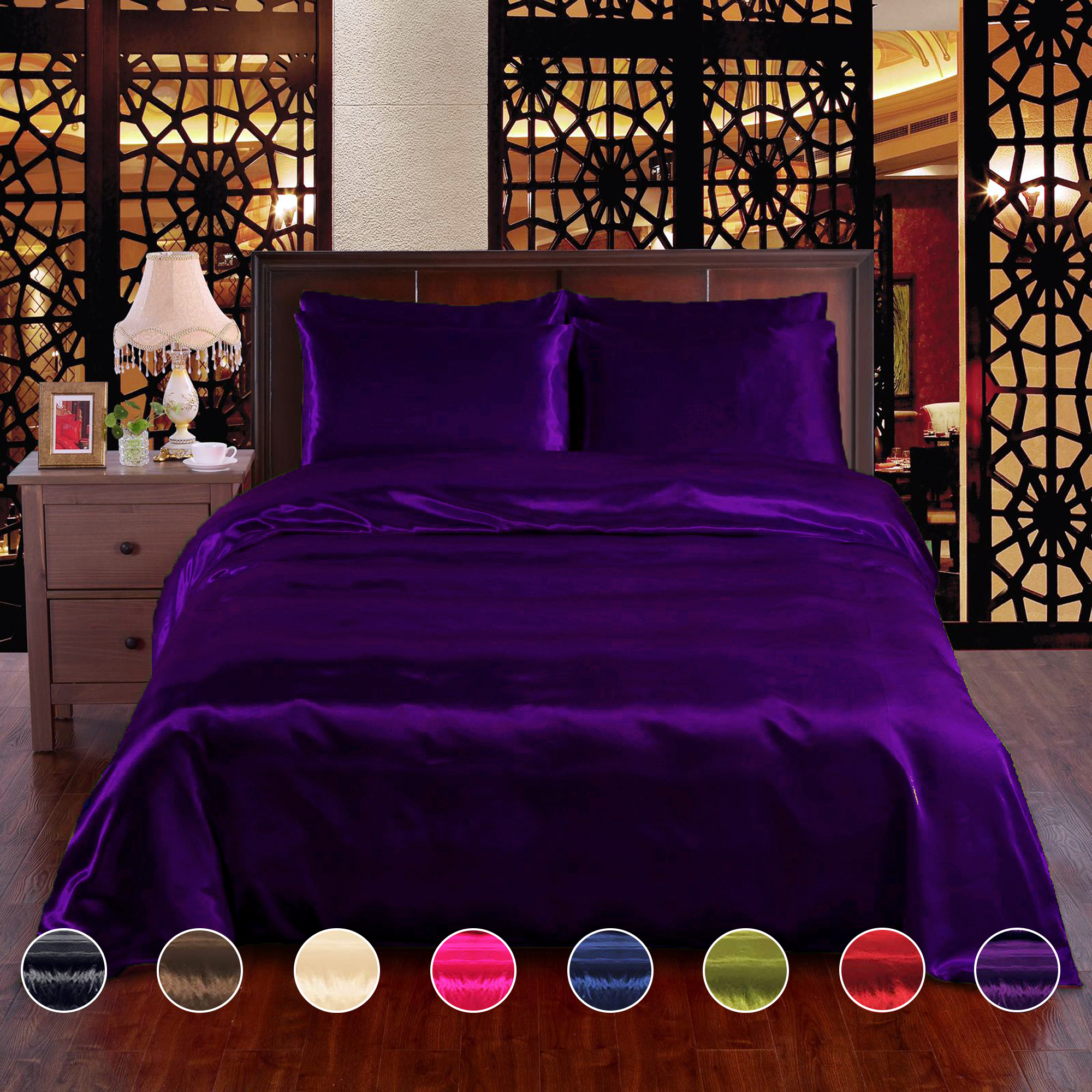 Purple 6pc Satin Panel Double Bed Duvet Quilt Cover Set
