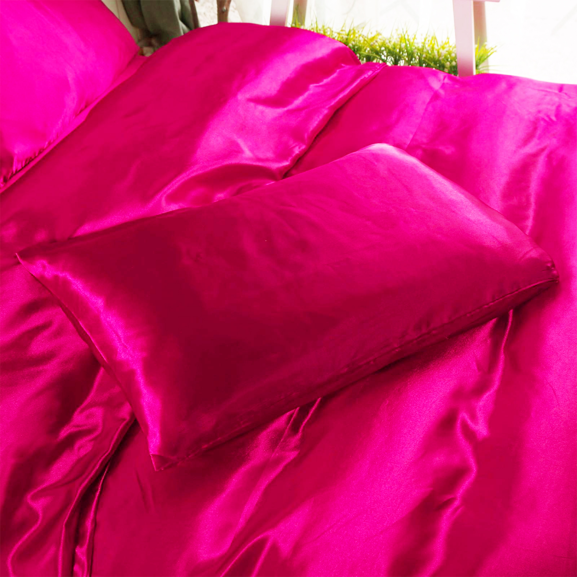 Fuchsia Pink 6pc Satin Panel Double Bed Duvet Quilt Cover Set