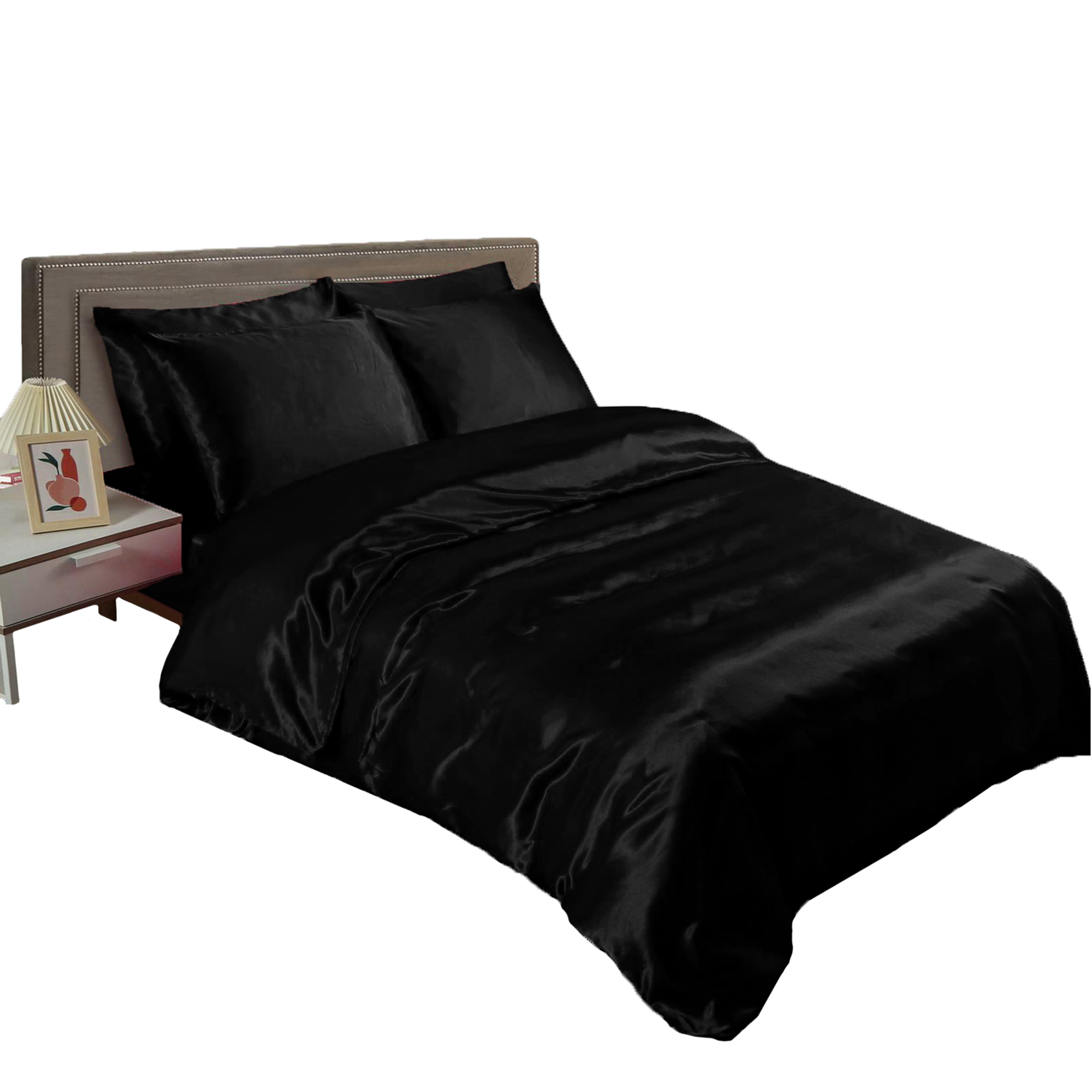 Black 6pc Satin Panel King Bed Duvet Quilt Cover Set
