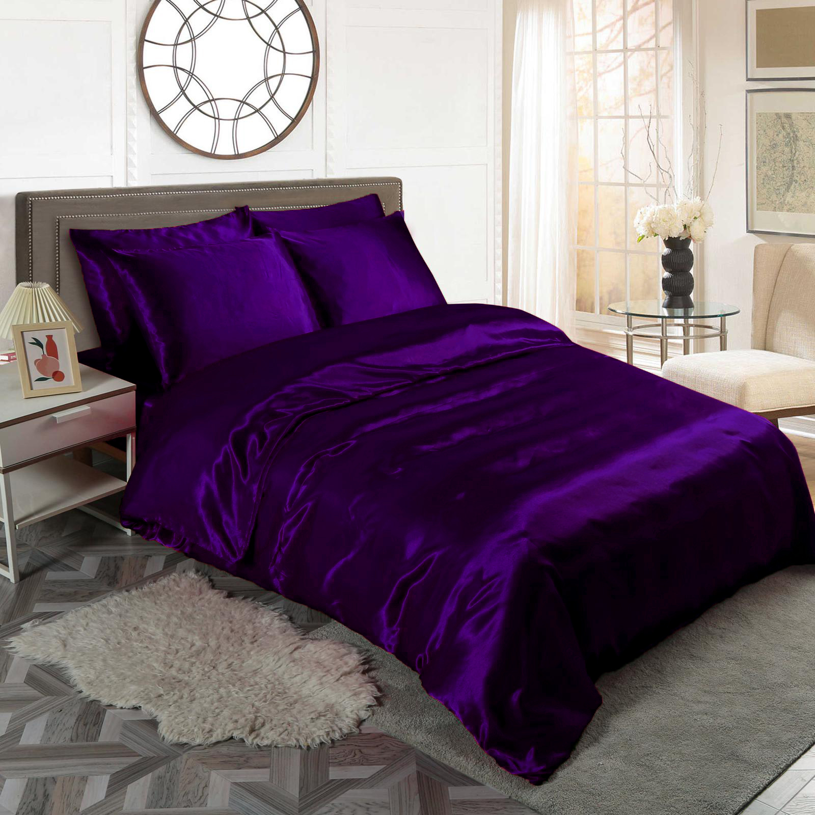 Purple 6pc Satin Panel King Bed Duvet Quilt Cover Set