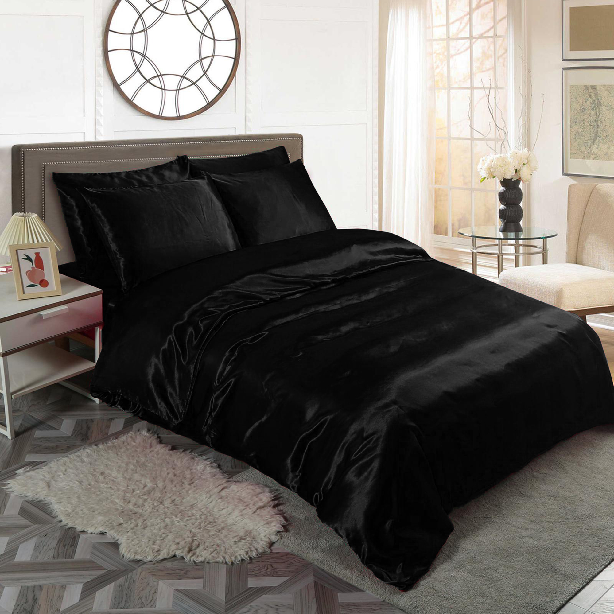 Black 6pc Satin Panel Super King Bed Duvet Quilt Cover Set
