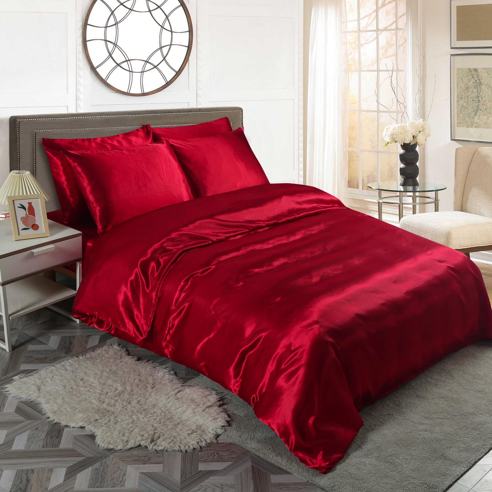 Red 6pc Satin Panel Super King Bed Duvet Quilt Cover Set