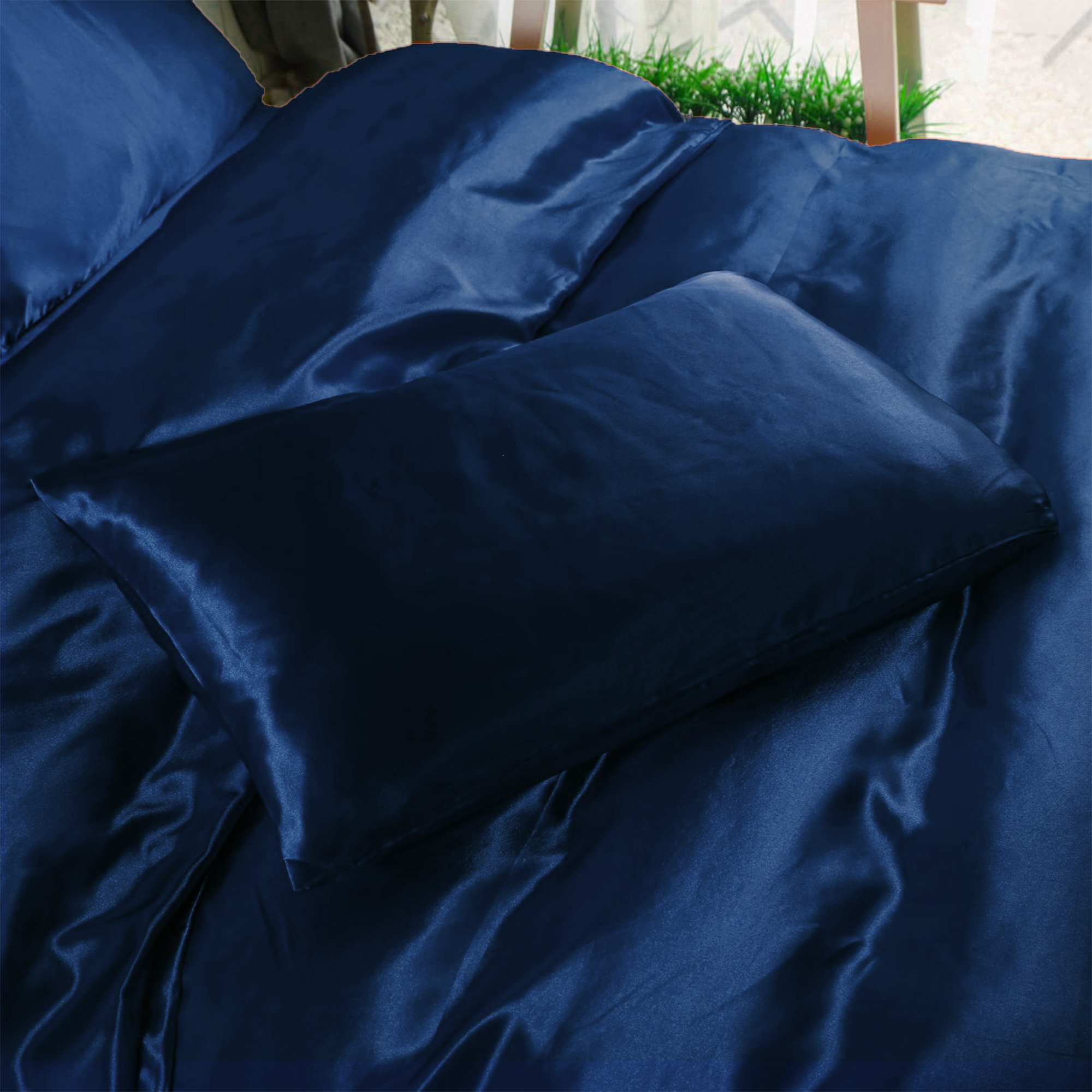 Navy Blue 6pc Satin Panel Super King Bed Duvet Quilt Cover Set