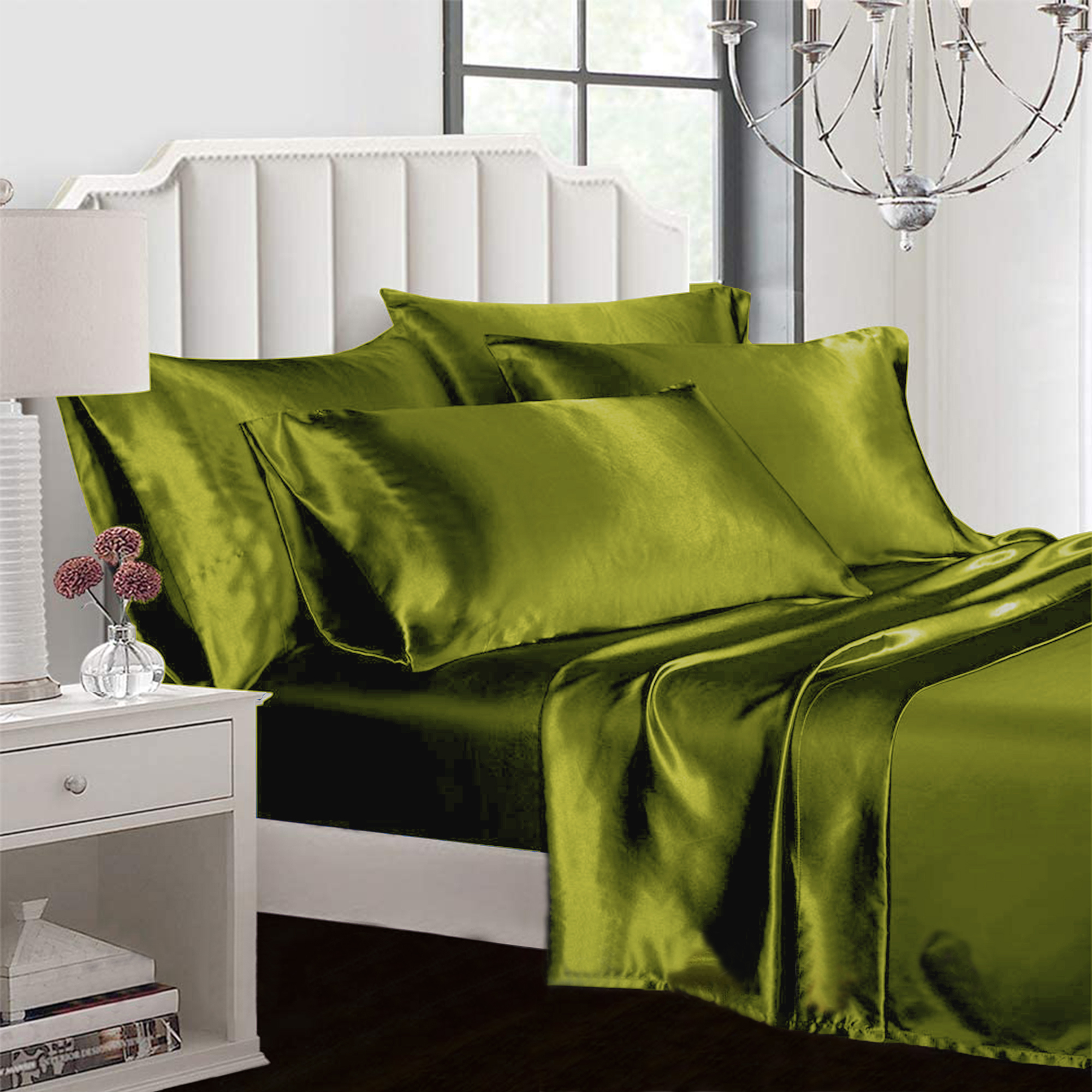Olive 4pc Satin Panel Single Bed Duvet Quilt Cover Set