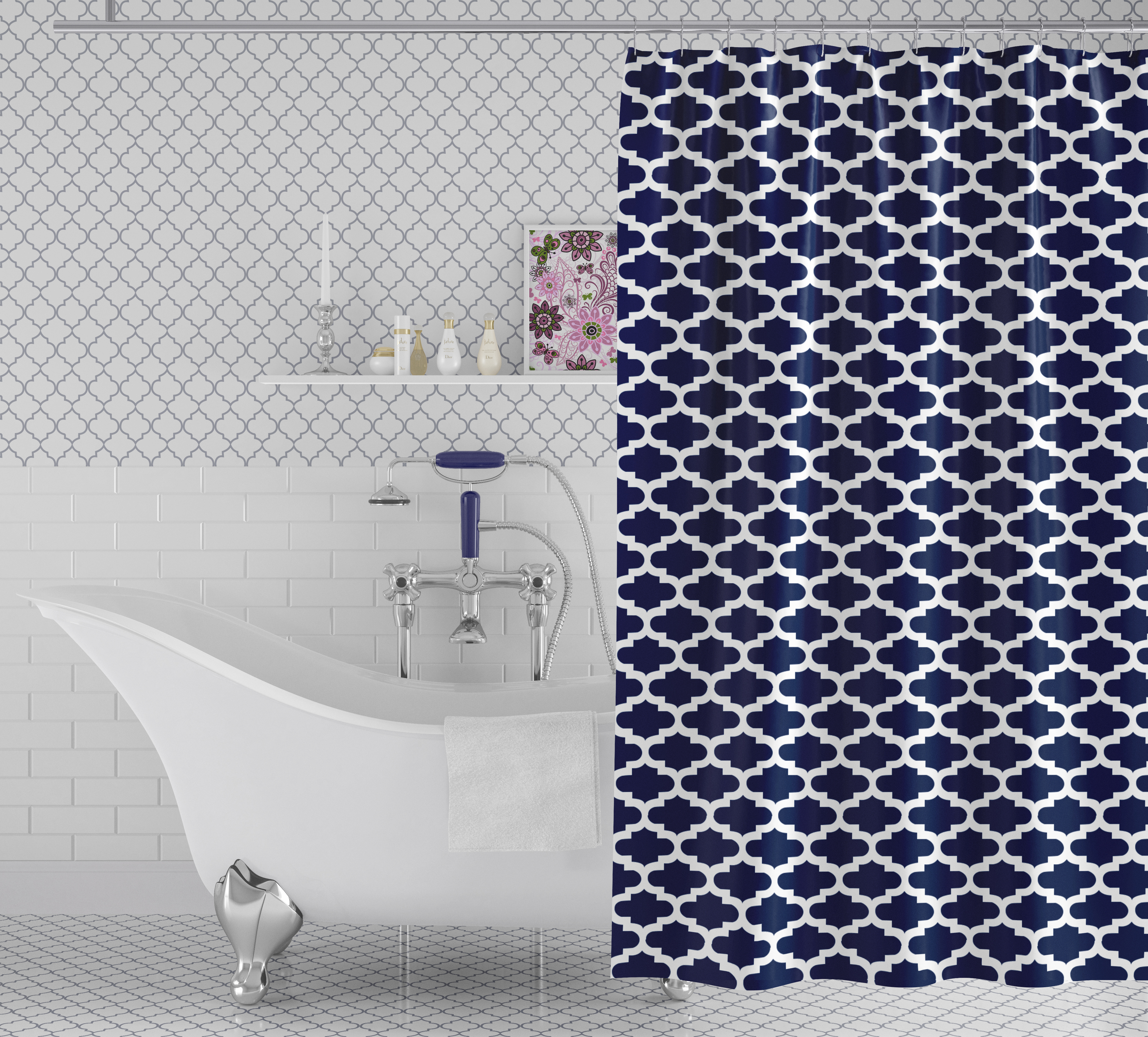 4pcs Moroccan Navy with Rings Shower Curtain
