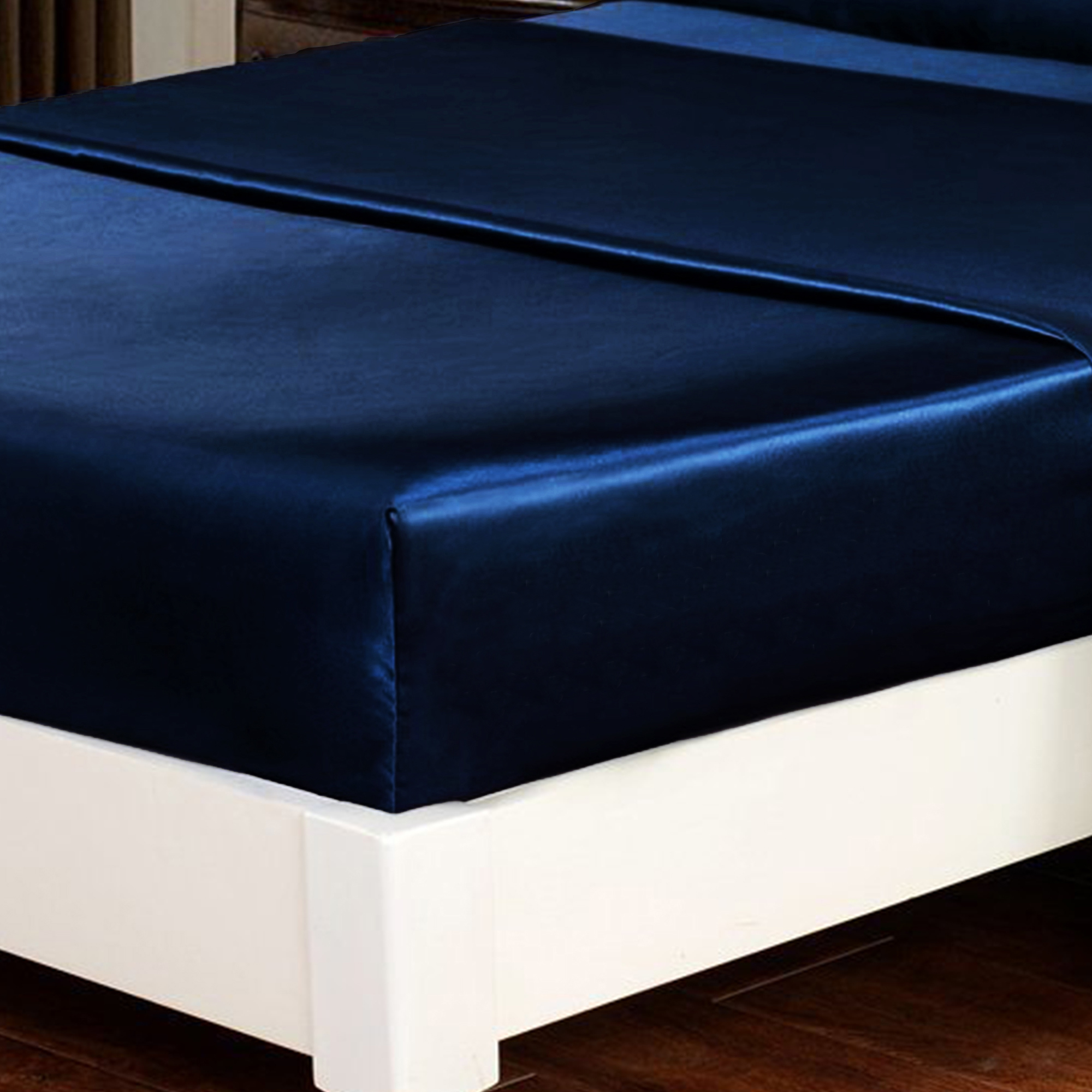 Navy Blue Satin Fitted Sheet Super King Bed